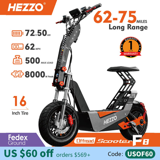 HEZZO F8 8000W 72V Off-Road E-Scooter | 62.5MPH, 50Ah, Foldable w/ Seat