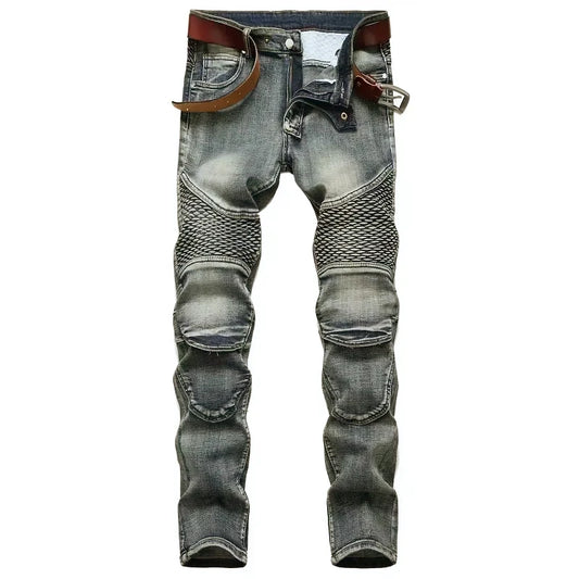 Men's Vintage Biker Patchwork Jeans – Slim Fit Streetwear